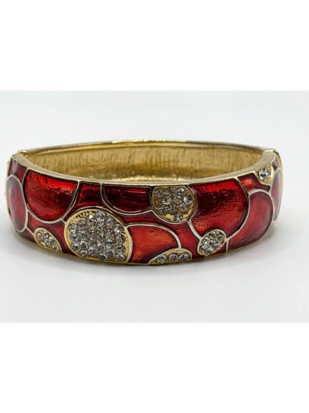 Red Enamel & Rhinestone Goldtone Clamper‎  Bracelet